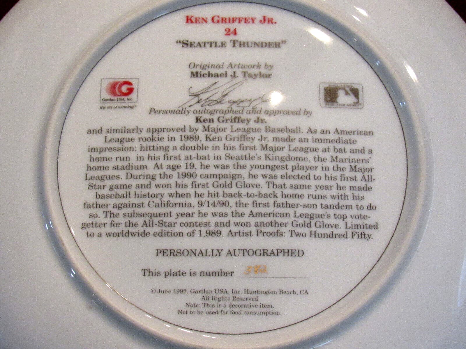 KEN GRIFFEY JR HOF SIGNED AUTO VTG GARTLAN SEATTLE THUNDER LIMITED EDITION PLATE 3