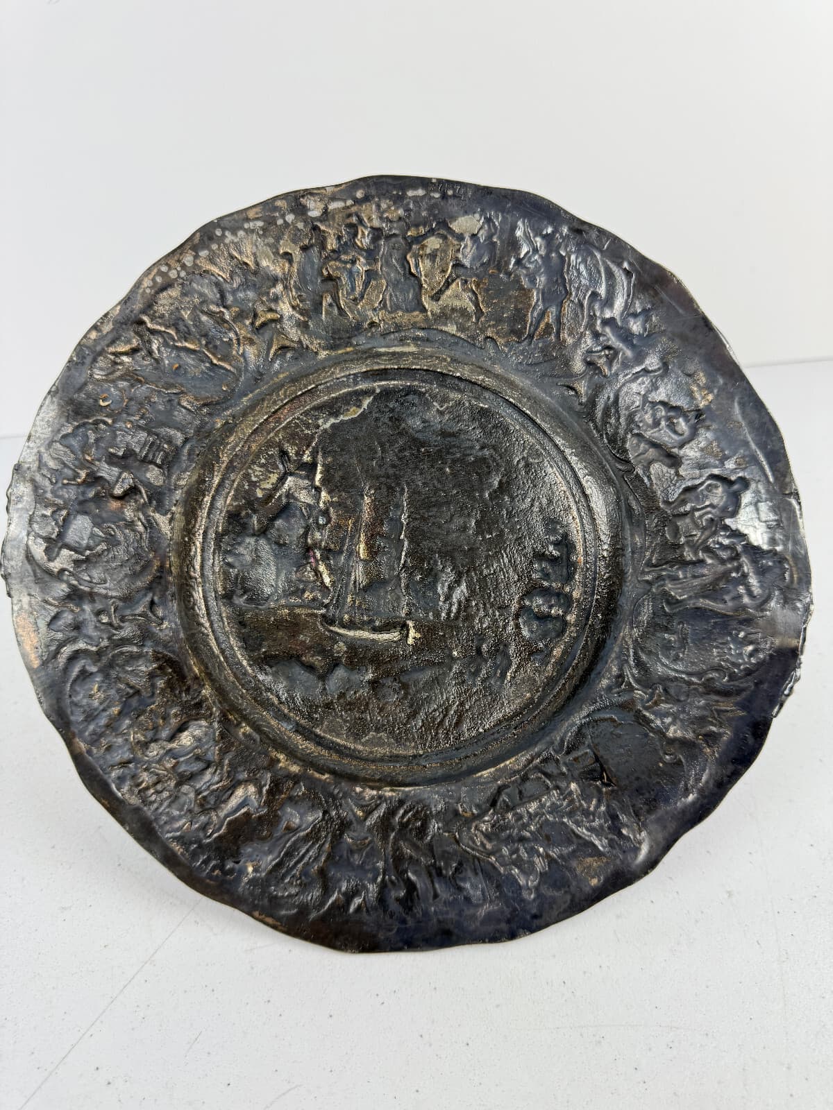 Antique Dutch Repoussé Silver Plate Basket with Handle – Scenic Relief – 11" 6