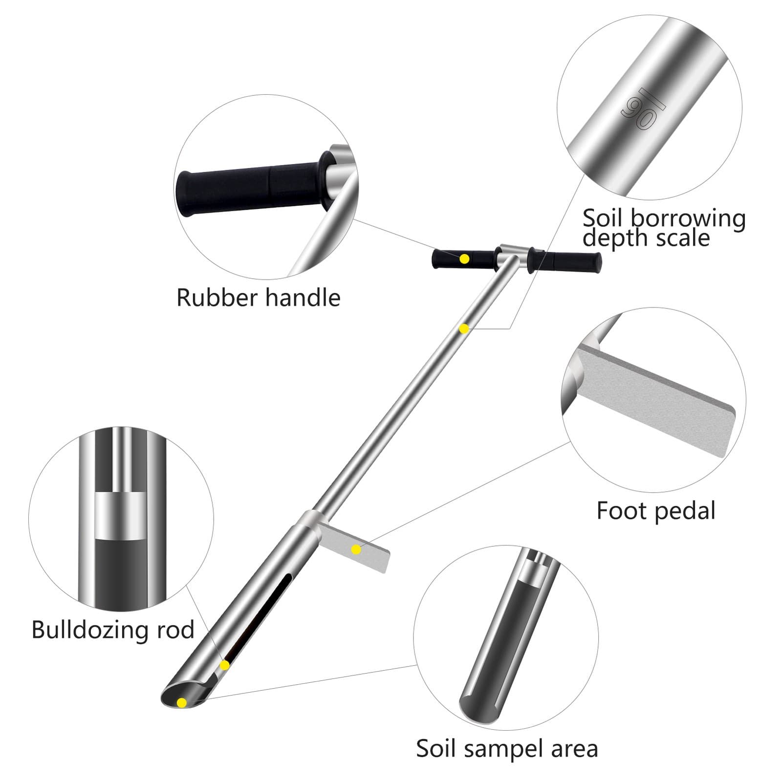 1 Meter 304 Stainless Steel Soil Probe Sampler with Ejector and Foot Pedal 50''
