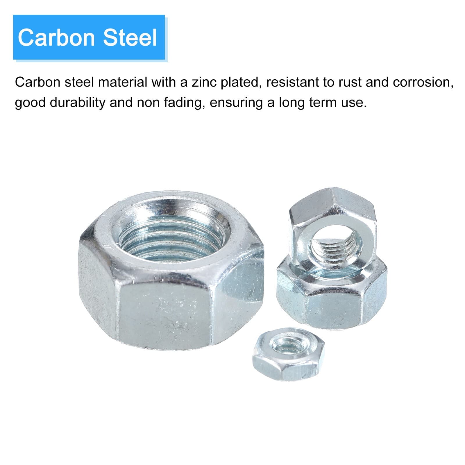 Hex Nuts (3/8"-16) 100Pcs Carbon Steel Coarse Thread Silver 3