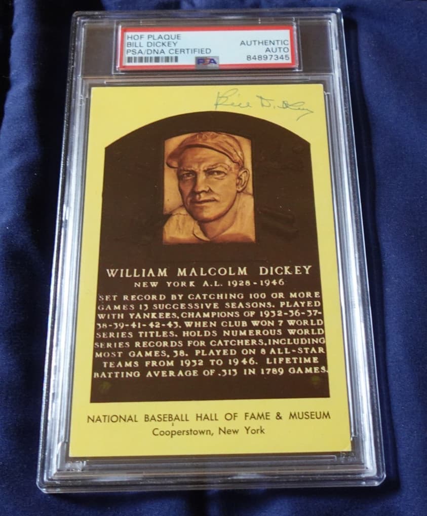 Bill Dickey New York Yankees Baseball HOFer Autographed Plaque Postcard PSA SLAB