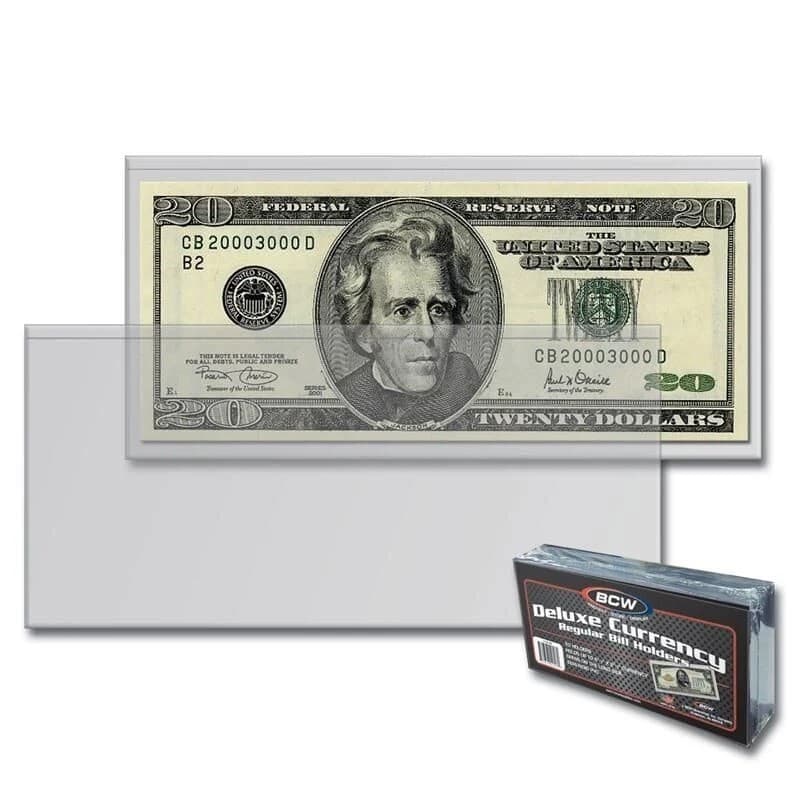 100 BCW Regular Size Currency Banknotes Sleeves Modern US Bill Holder Semi Rigid 2