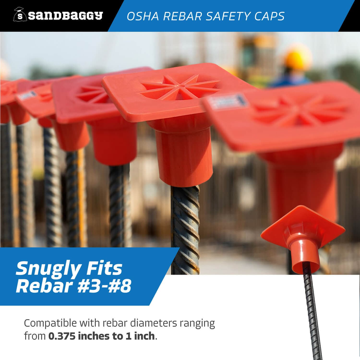 Sandbaggy OSHA Rebar Safety Caps (Impalement Protection) | Rebar #3-8 [USA Made] 6