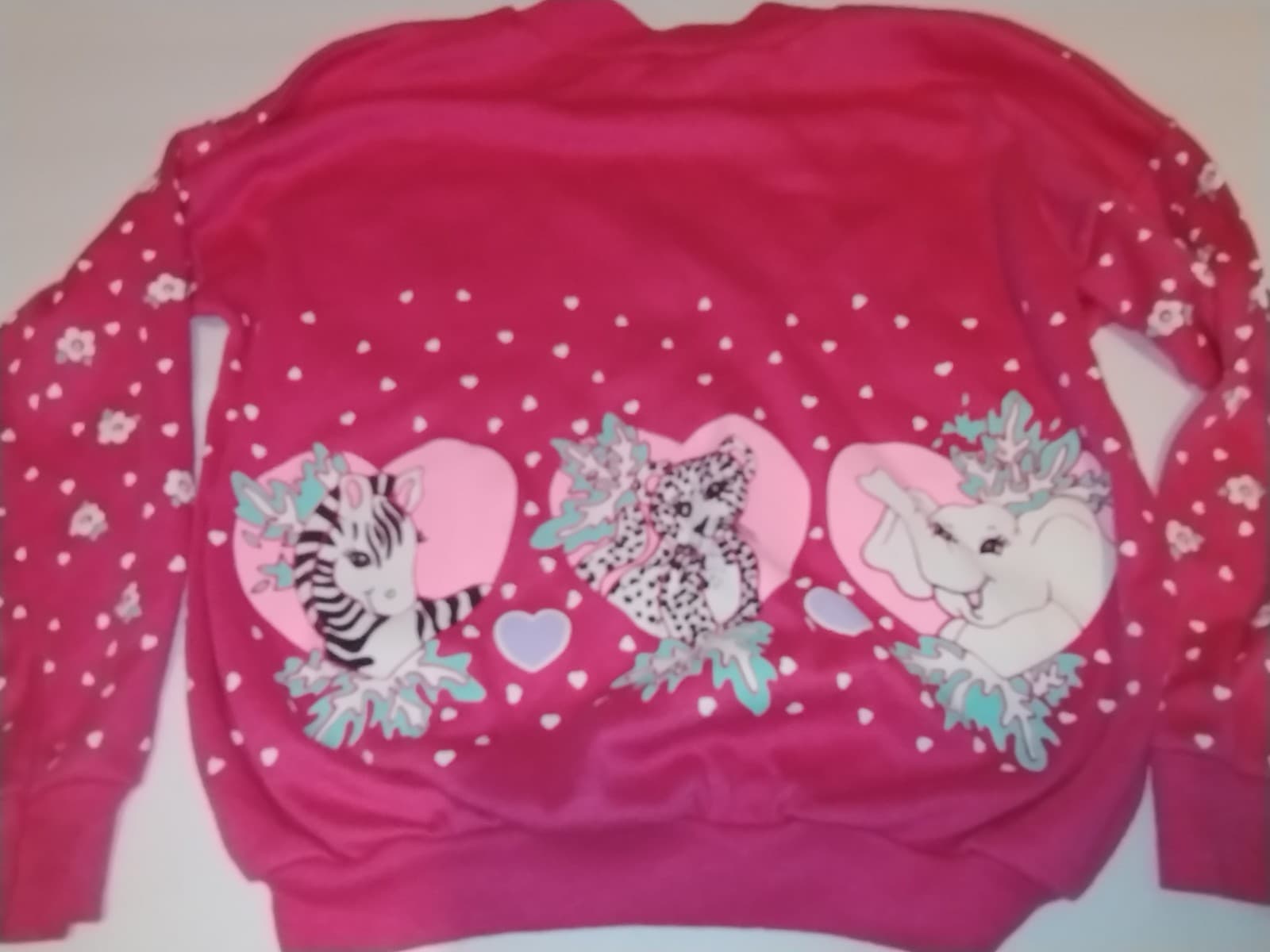 Vintage 80s Girls Pink Sweatshirt Fairy Kei Hearts Zebra Tiger Elephant Sz 6 4