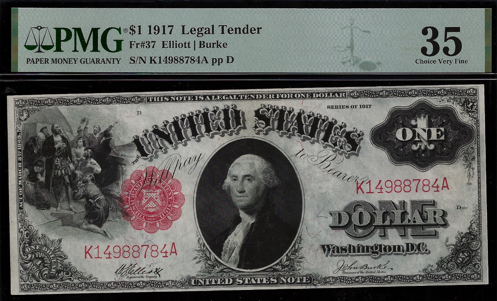 2-Consecutive - 1917 $1 Legal Tender - PMG 35 - US Note - Elliott-Burke - Fr 37 4