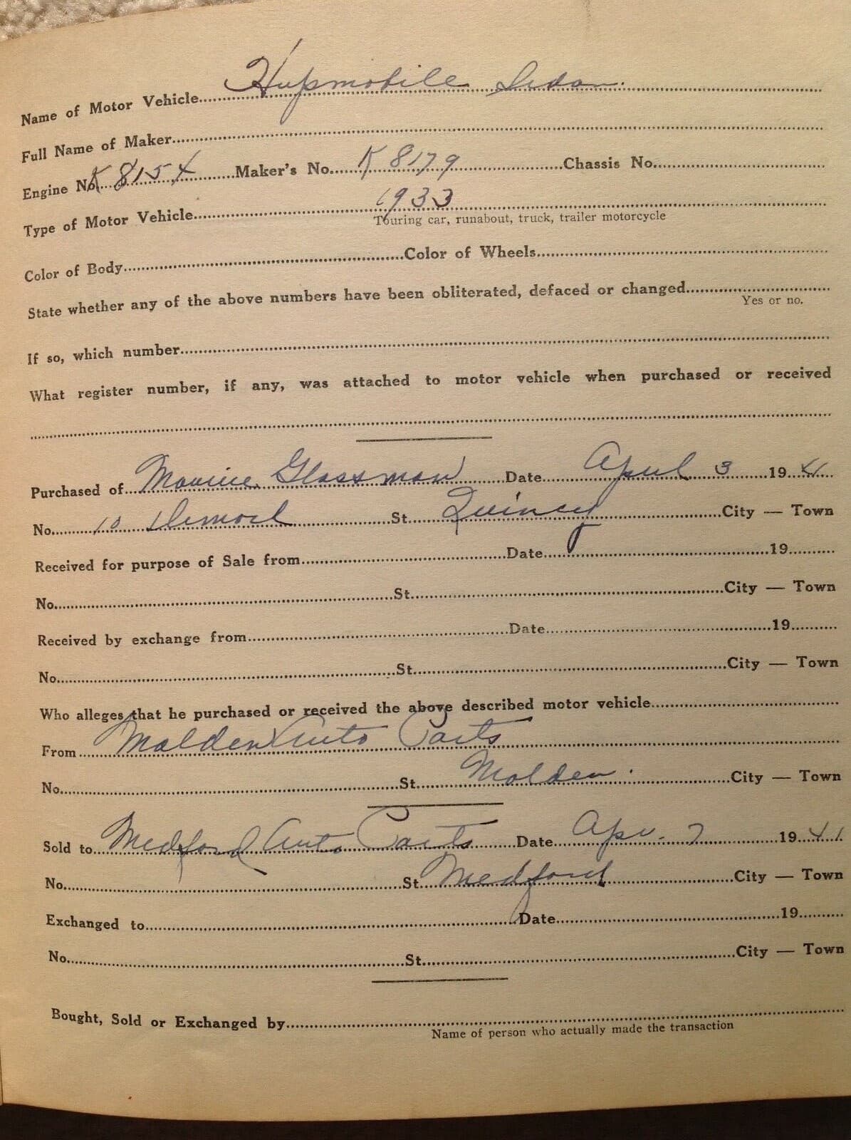 Used Car Record Ledger 1930-39 cars Ford Chevy etc Medford MA Massachusetts AACA 6