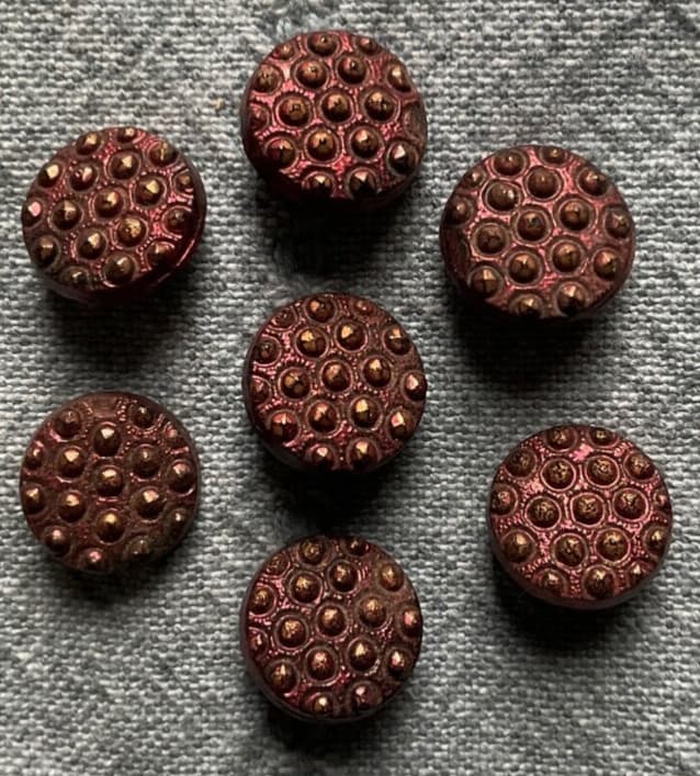 7 Matching Antique Victorian Black Glass Buttons - Tinted Red & Gold - 1/2”