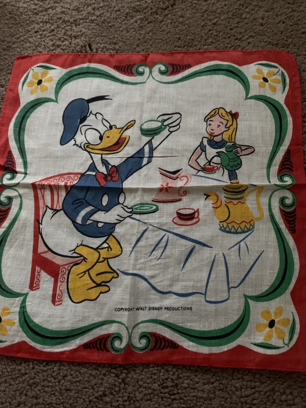 Vintage Walt Disney Handkerchief Donald Duck Alice Tea Party 