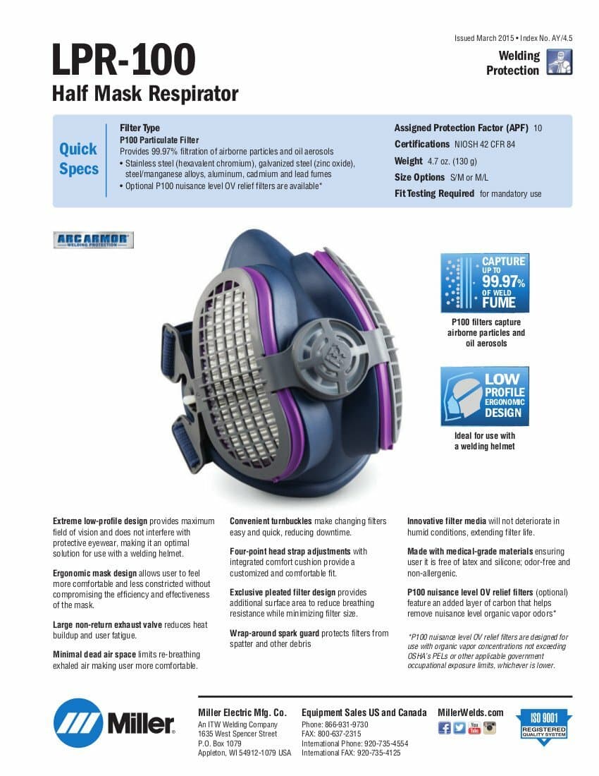 Miller Reusable Half Face Welding Auto Construction P100 Respirator Mask SML/MED 2