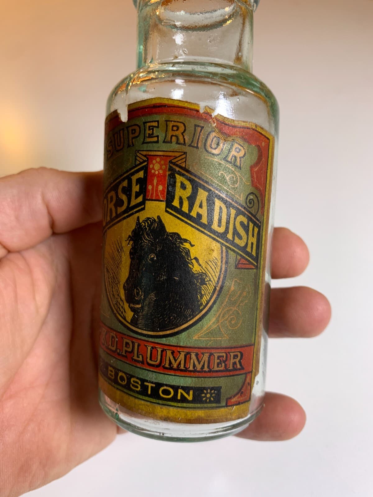 Antique LABEL Superior Horse Radish Horseradish Boston MA Plummer Bottle Jar 5