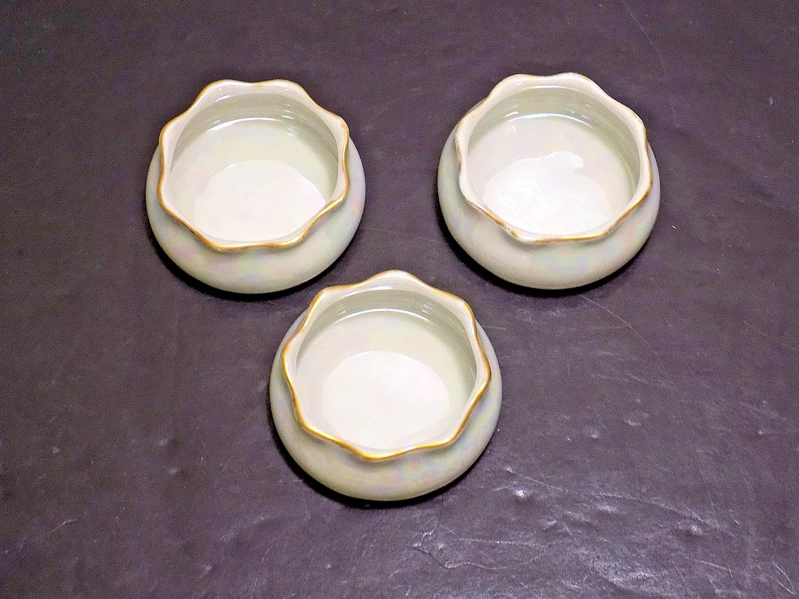 Set of 3 Germany Iridescent Pearl Finish Porcelain Open Salt Cellars