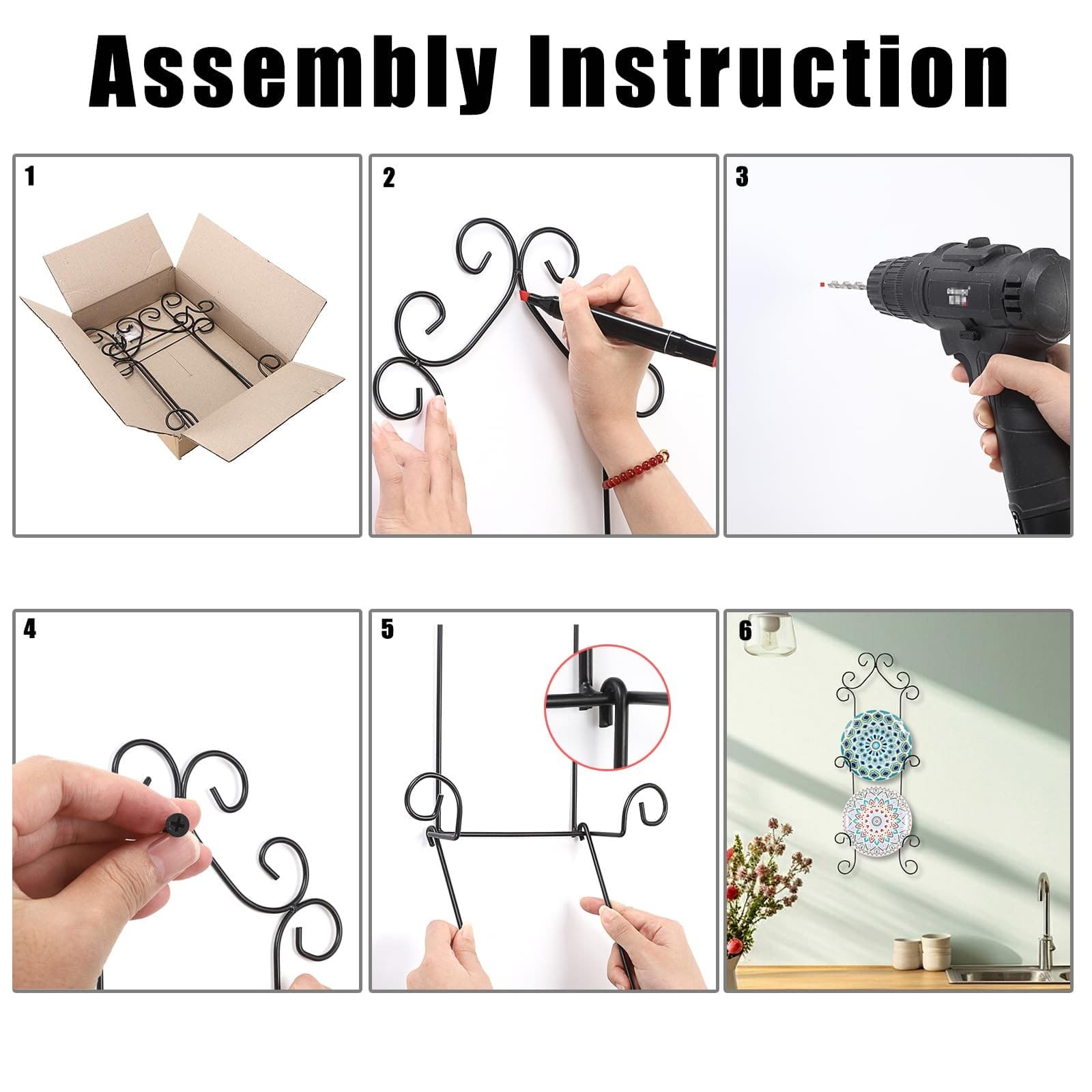 3-Tier Wall Plate Hangers for Plates Up To 8 Inch Black Metal Plate Rack 5