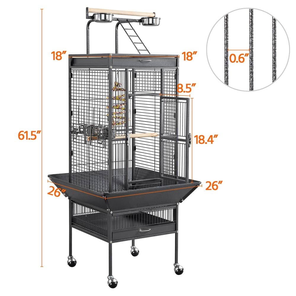 68/61-Inch Large Parrot Bird Cage With Playtop/Rolling Stand/Bungee Rope, Black 3