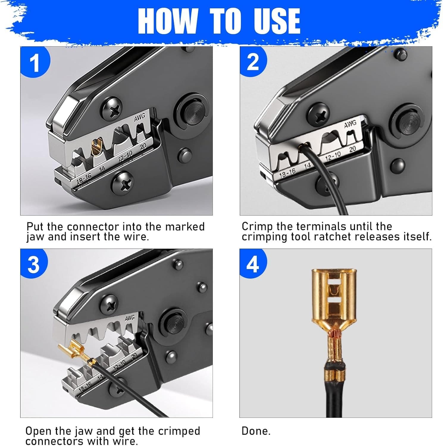 Ratchet Crimping Tool for Non-Insulated Open Barrel Terminals, AWG 20-10 6
