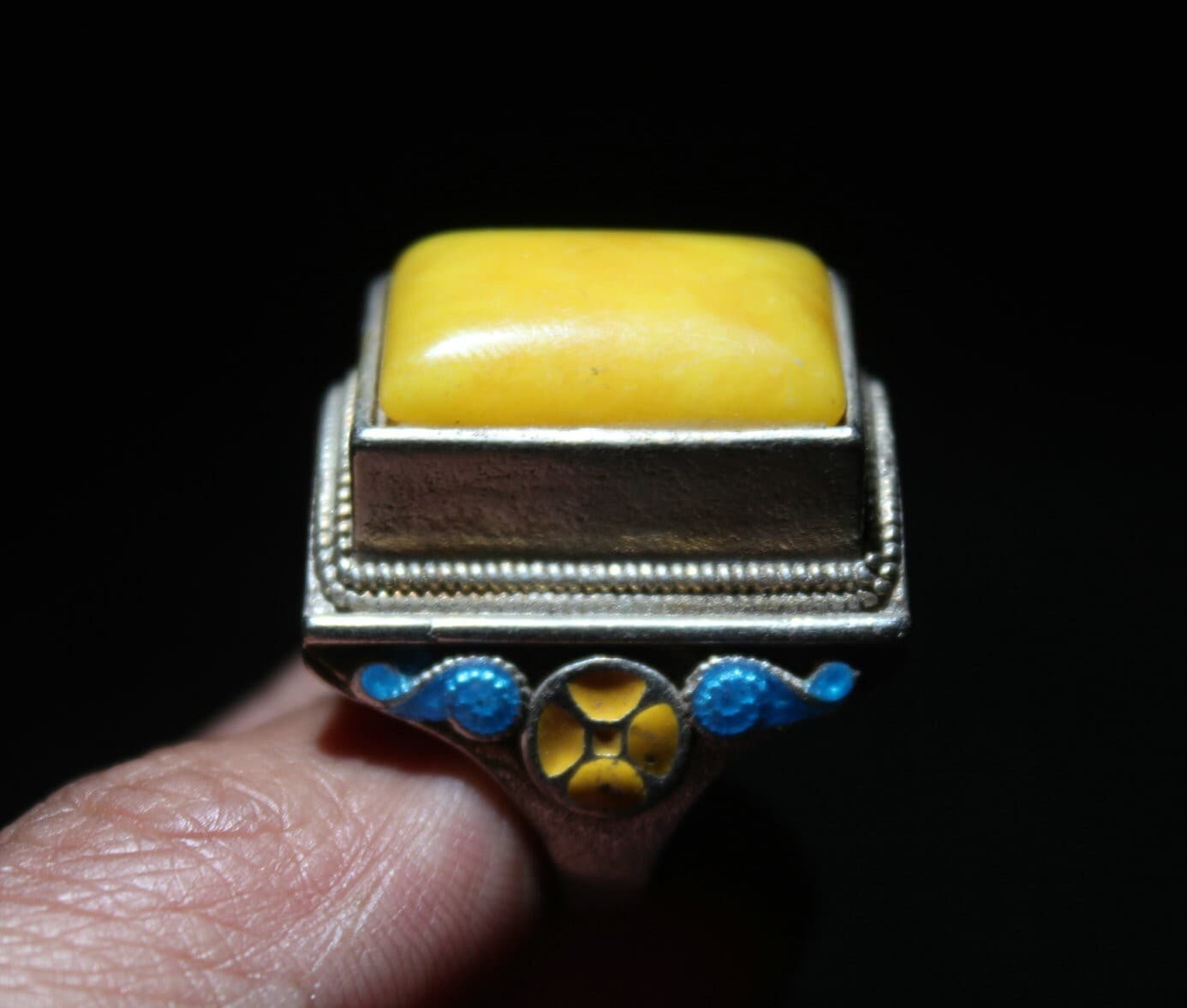 Rare Old Chinese Cloisonne Silver Inlay beeswax Gem Flower Jewelry Figure Ring 2