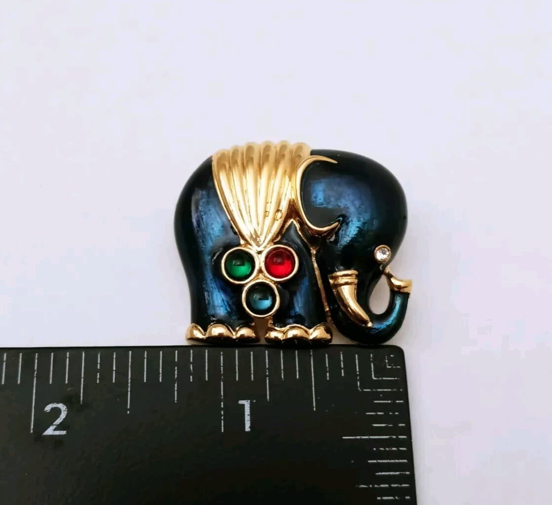 Vintage Enameled Elephant Brooch Faux Jewels Pin Teal Blue Gold Tone 1.25 Inch 4