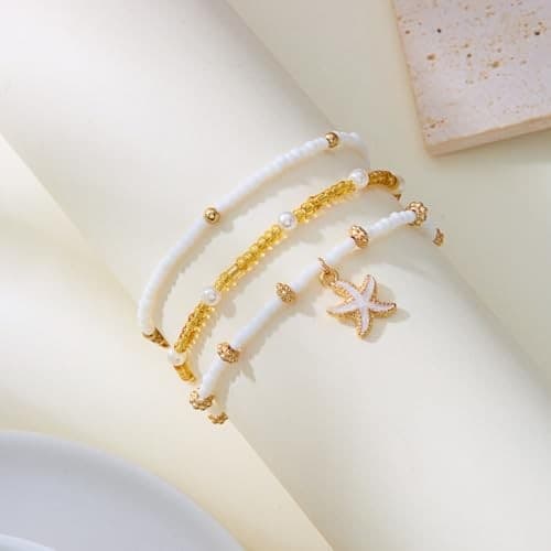 Bead Ankle Bracelets Set For Women, Adjustable Gold Boho Shell Starfish 3Pcs 6