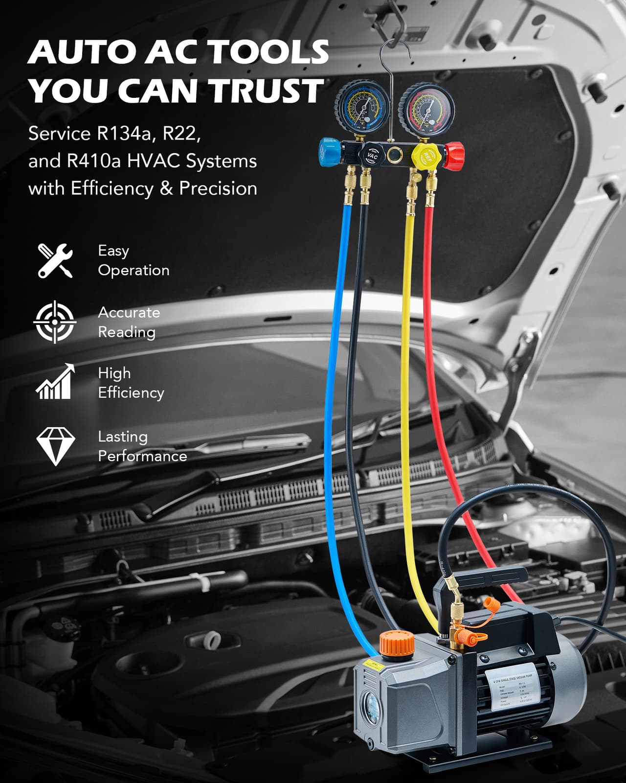 4CFM Vacuum Pump HVAC Refrigeration AC Manifold Gauge Set Leak Detector Bag 2