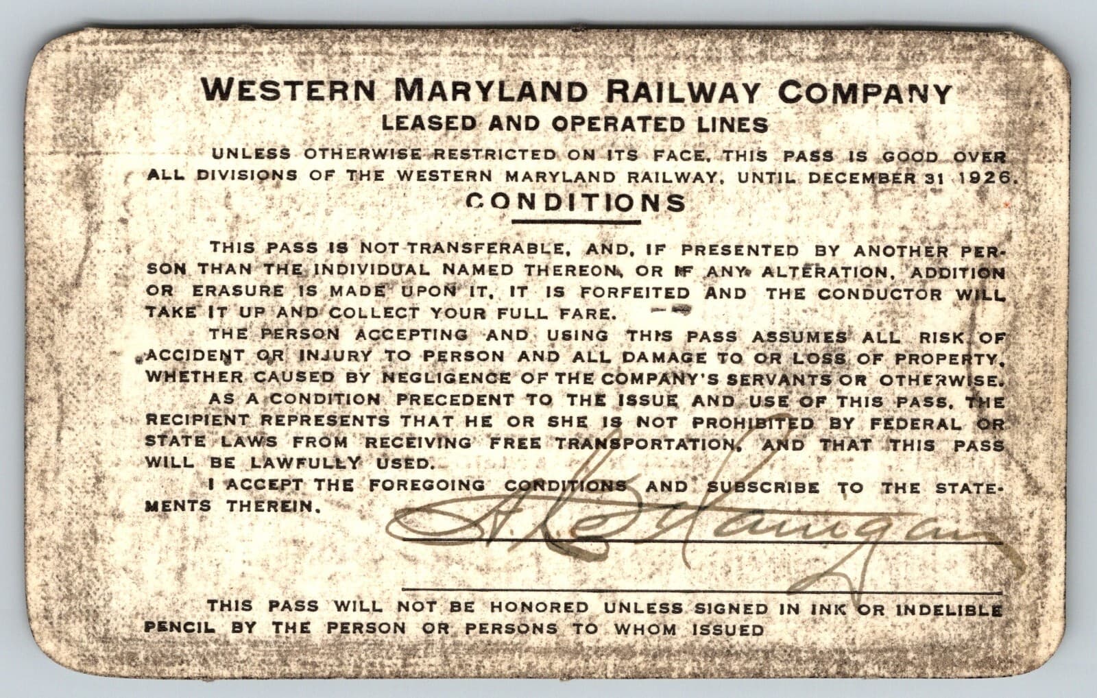 1926 Western Maryland Railway / P&LE  Employee "Flanigan" Yearly Railroad Pass 2