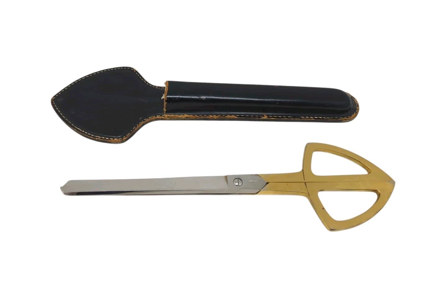 Vintage German Art Deco Scissors 9" In Leather Case Brass Tone Handles 