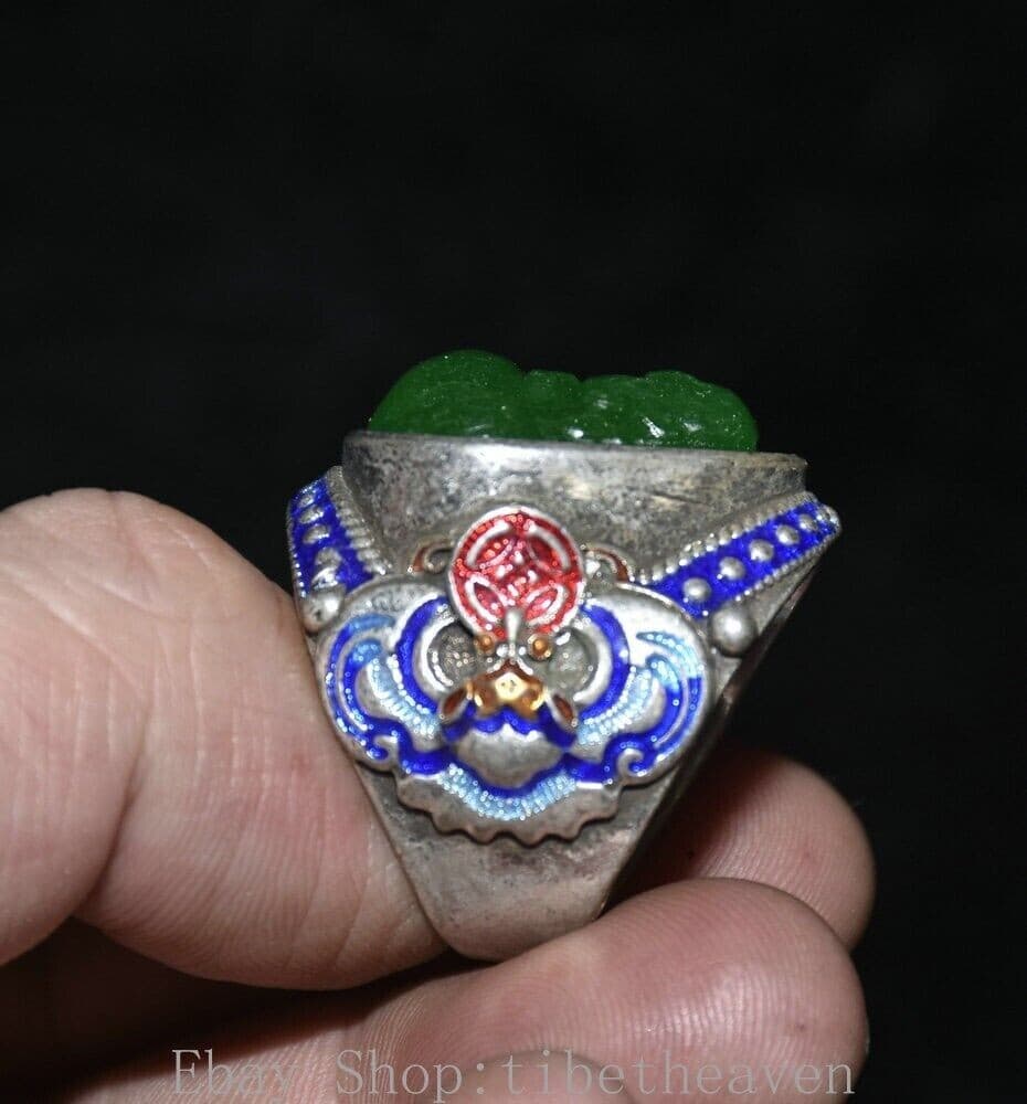1.4" Old Chinese Silver inlay Green Gems Cloisonné Maitreya Buddha Finger Ring 4