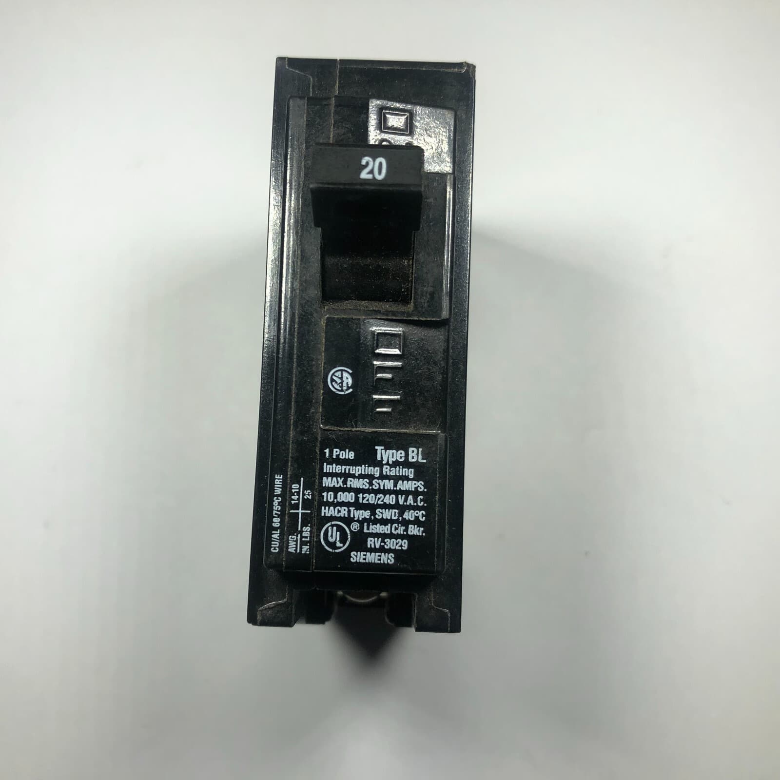 Siemens ITE Type BL Circuit Breaker 1 Pole 20 Amp 240V RV-3029
