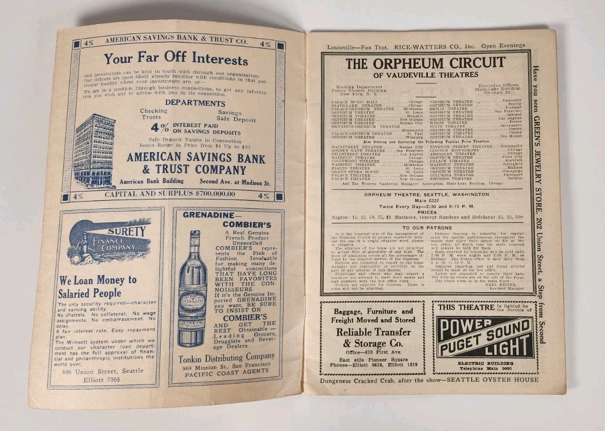 CIRCA 1920's "ORPHEUM CIRCUIT NEWS & PROGRAM" , ORPHEUM THEATRE SEATTLE, WA  3