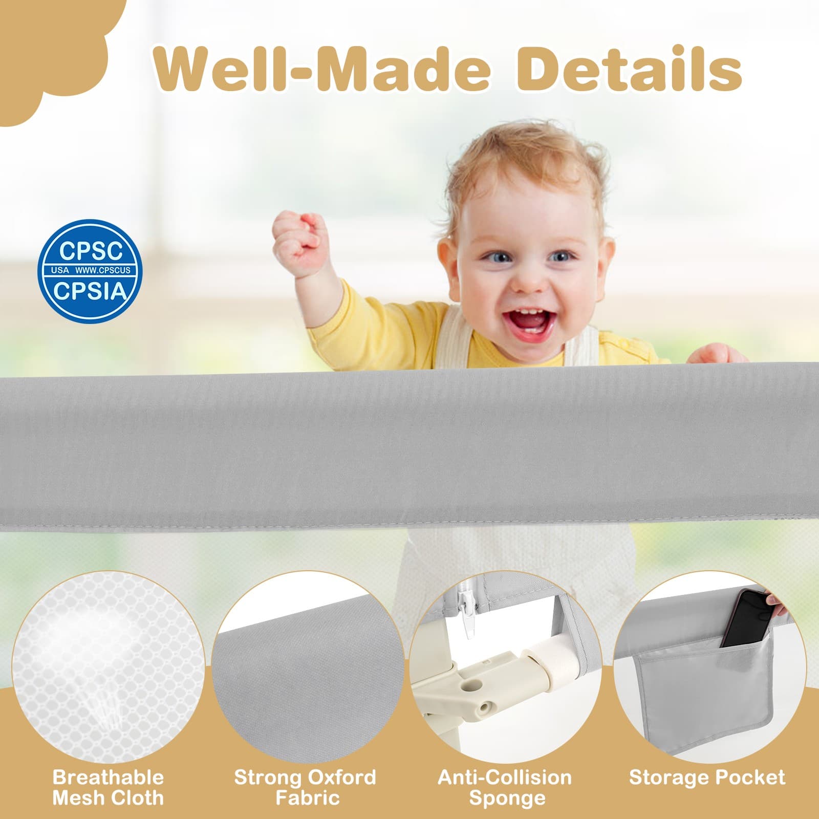 2PCS 47" Bed Rails for Toddlers Vertical Lifting Baby Bed Rail Guard w/Lock Grey 5