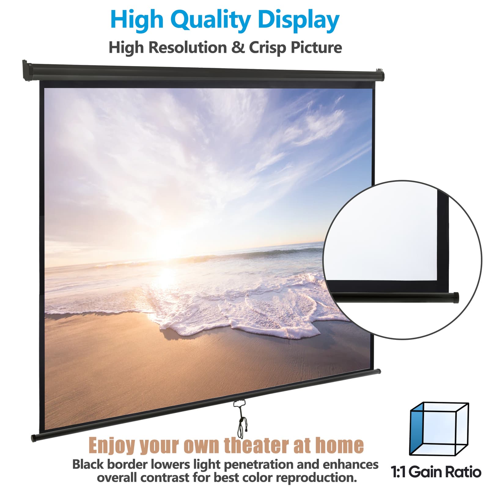 Projector Screen Manual Pull Down 120" Projection Screen for Home Cinema Black 4