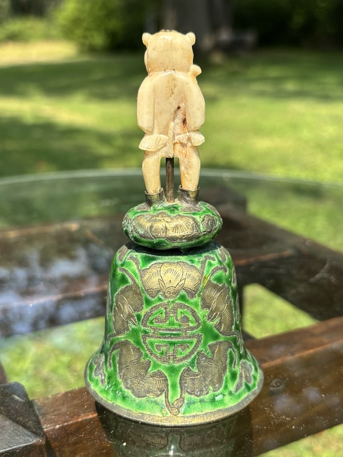 Antique Chinese Enameled Bell With Carved Figure Handle 3