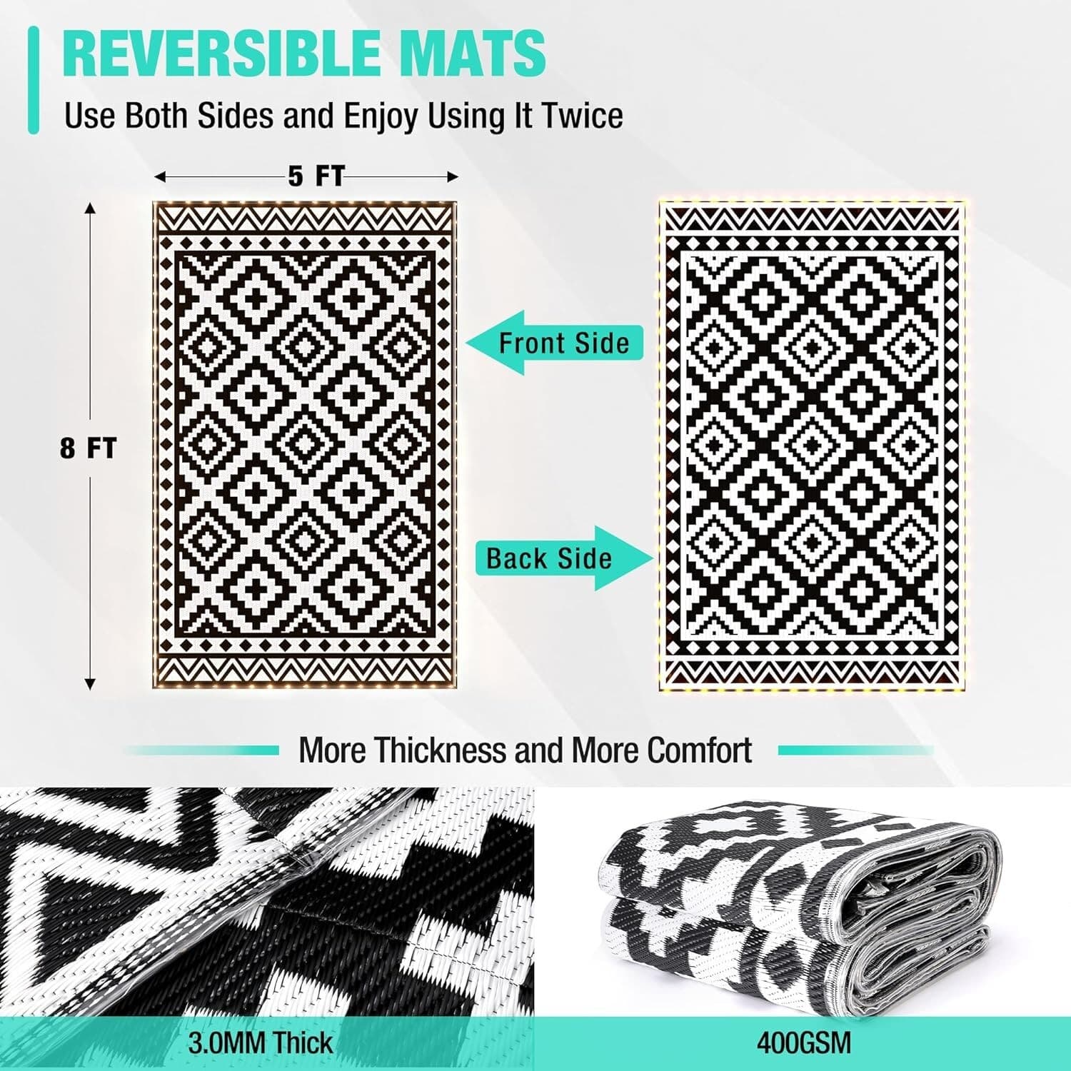 HAUSHOF 8FT Outdoor Rug Waterproof LED Strip Light Reversible Plastic Straw Rugs 2