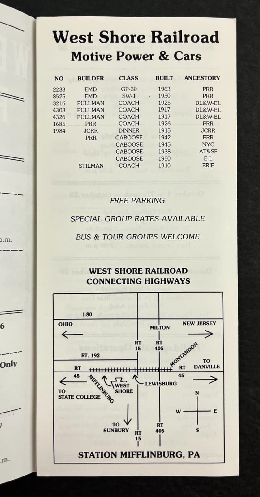 1987 Mifflinburg PA West Shore Railroad RR Train Ride Vintage Travel Brochure 3