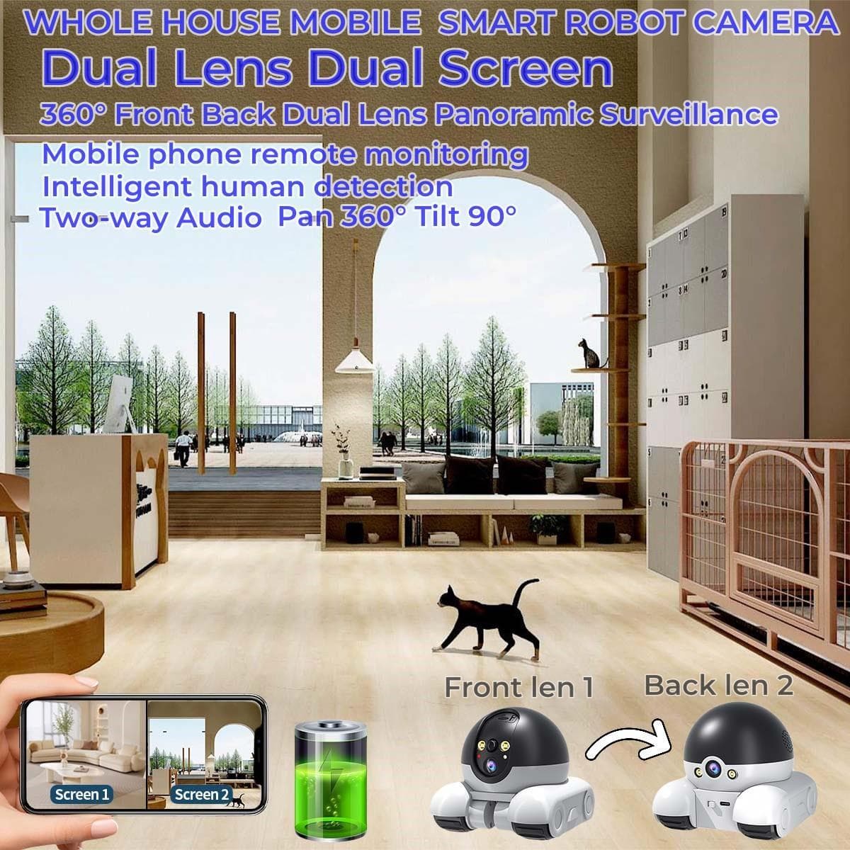 Smart Wifi APP Movable Pet Cat 2MP Dual Lens Dual Screen Action Robot Camera  2