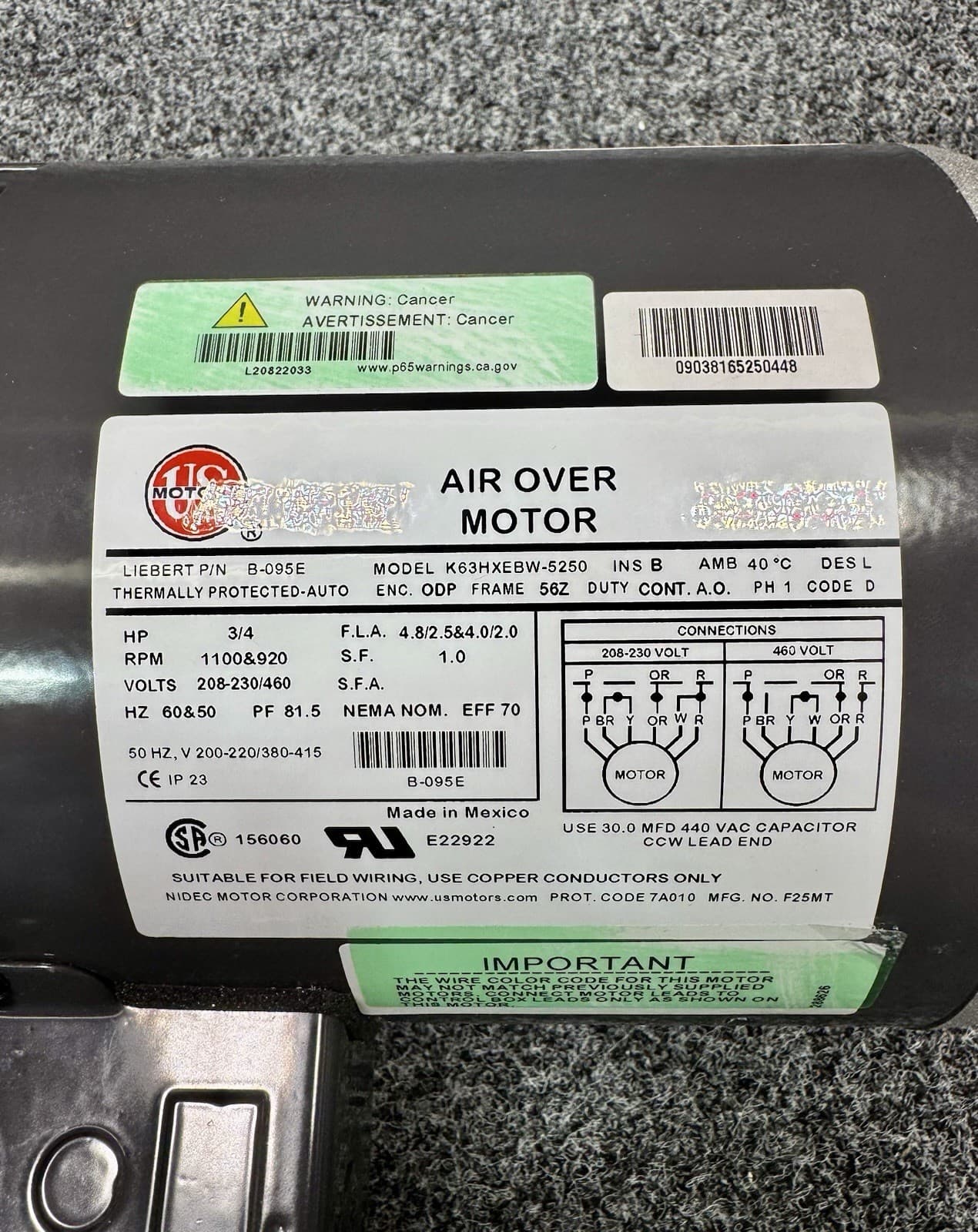 LIEBERT KIT-095E Air Over Condenser Motor 208-230/460V AC, 3/4 hp, 1 Phase 4