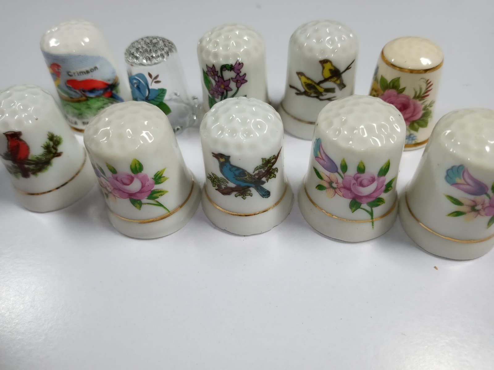 Lot of 10 Thimbles Collection Birds&Flowers Includes Bone China Porcelain Glass