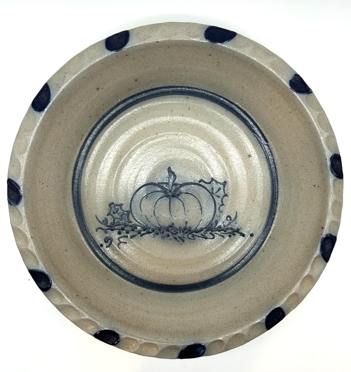 Vintage 1991 Rowe Pottery Works Salt Glaze Pumpkin Pie Plate Baking Dish ~ 10"