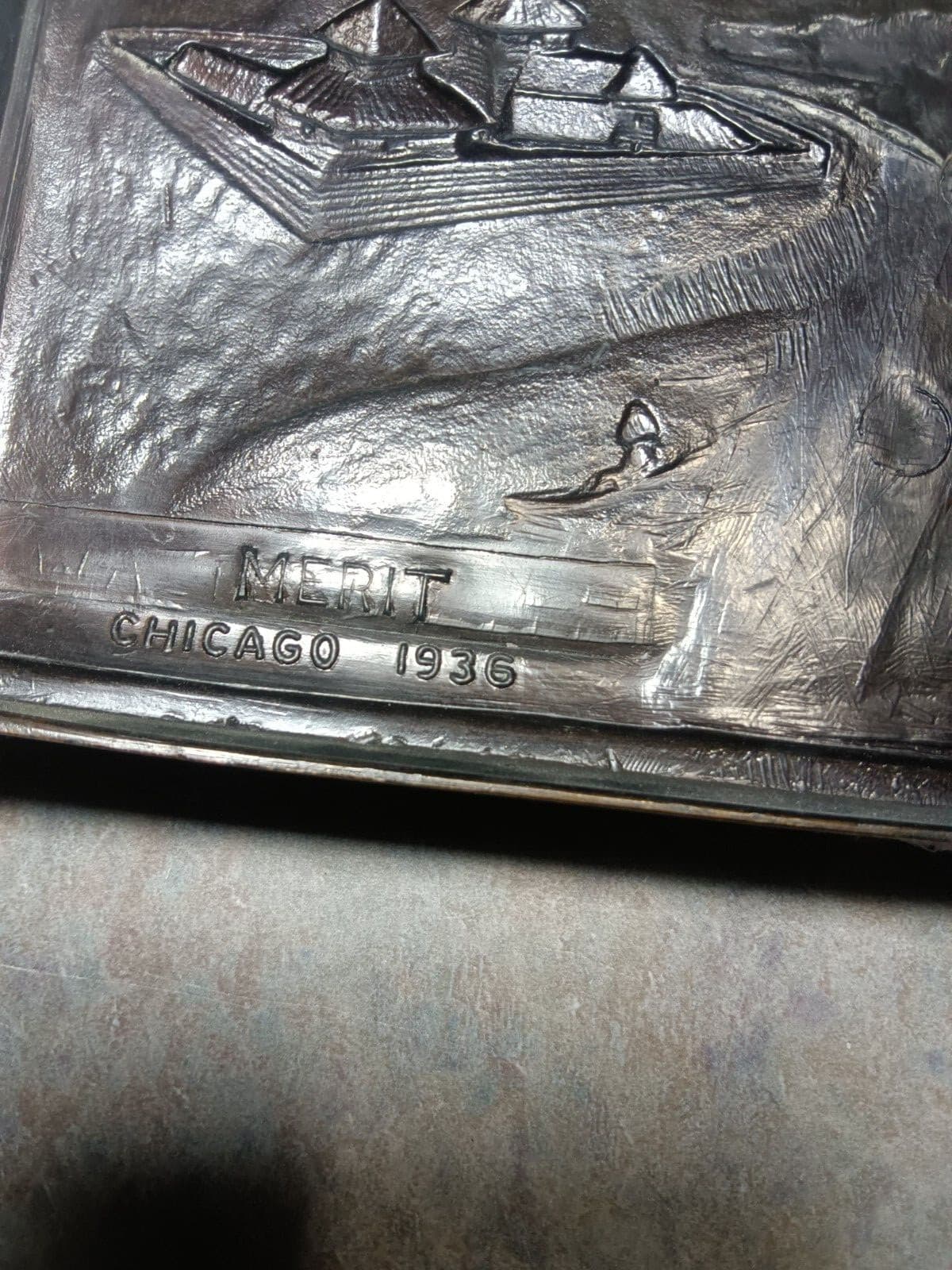 Worlds Fair 1936 Columbus / Zeppelin Blimp copper on metal plaque  Merit Chicago 6