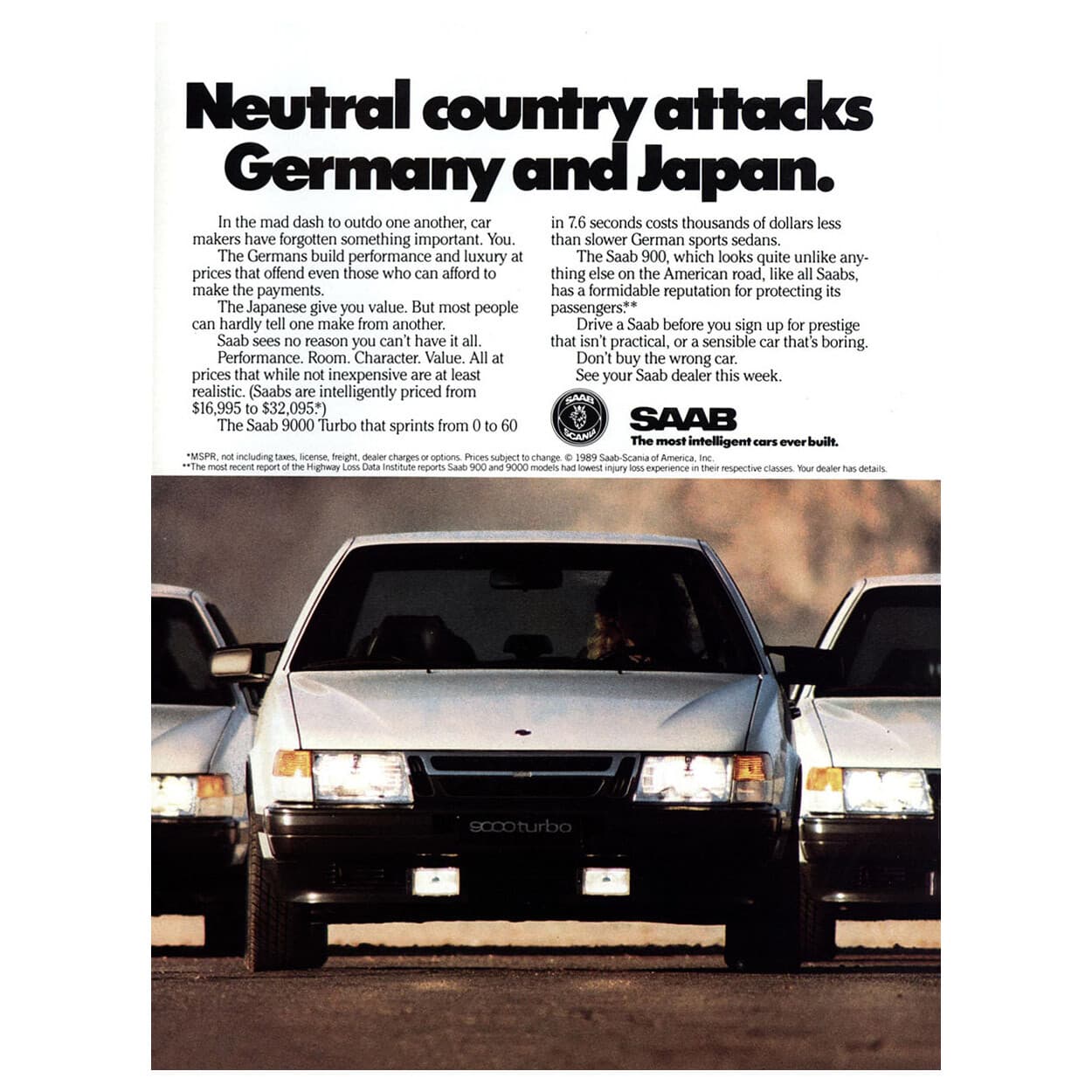1989 Saab: Neutral Country Attacks Germany Japan Vintage Print Ad