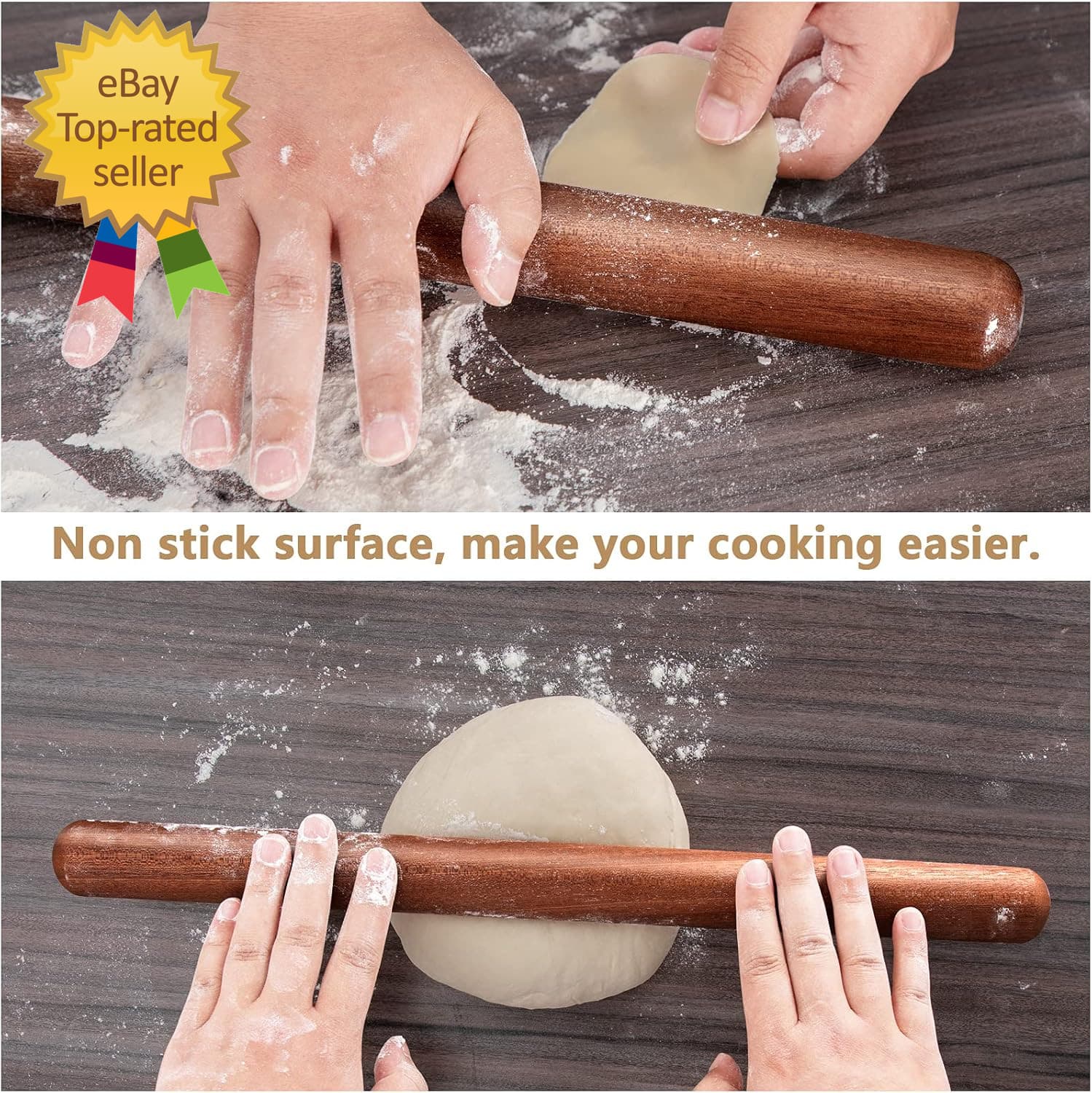 Aisoso French Rolling Pin, 17.7 Inches Wood Rolling Pin for Baking Extra Long Th 6
