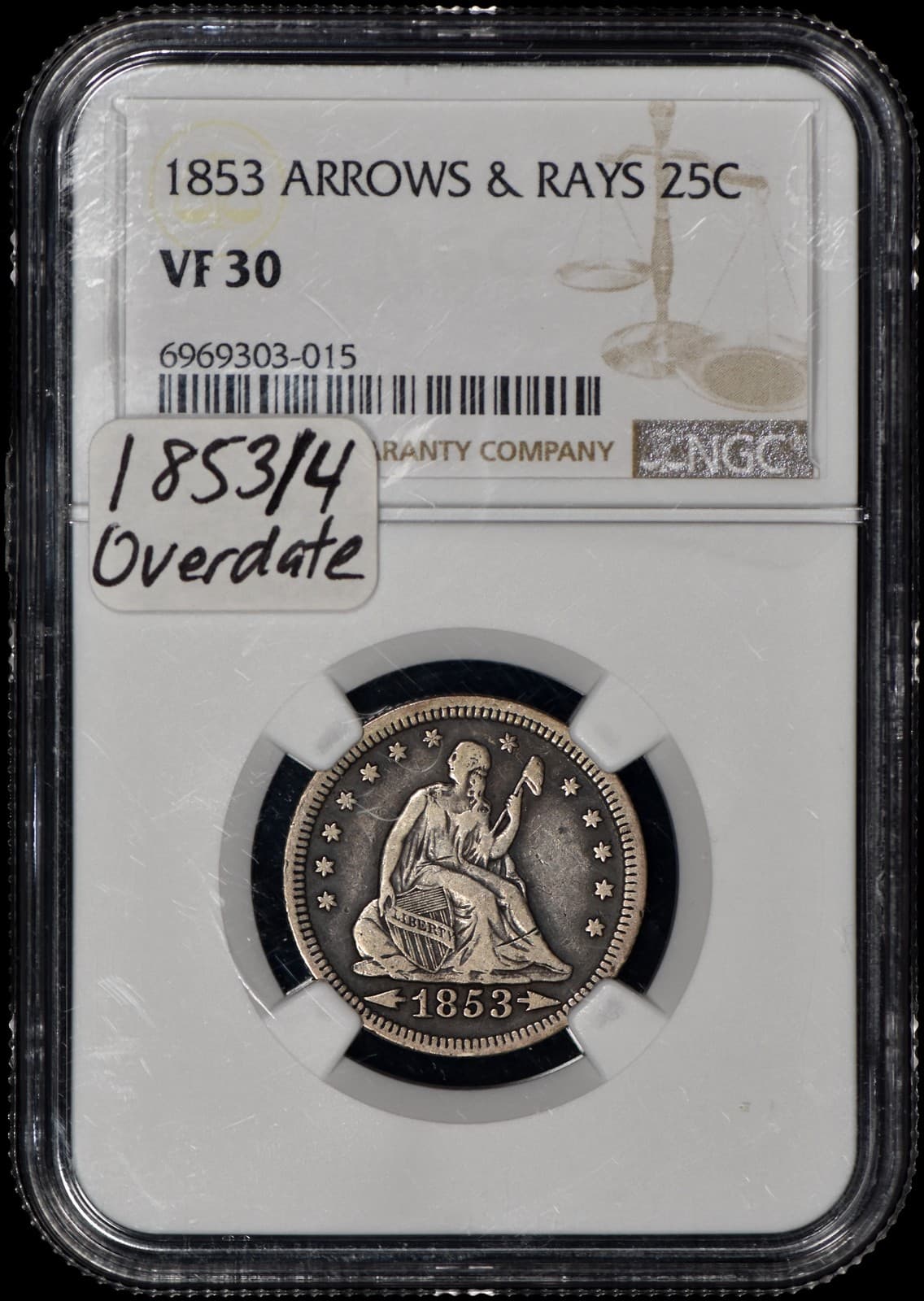 1853/4 Overdate Seated Liberty Quarter 25c Arrows & Rays NGC VF30