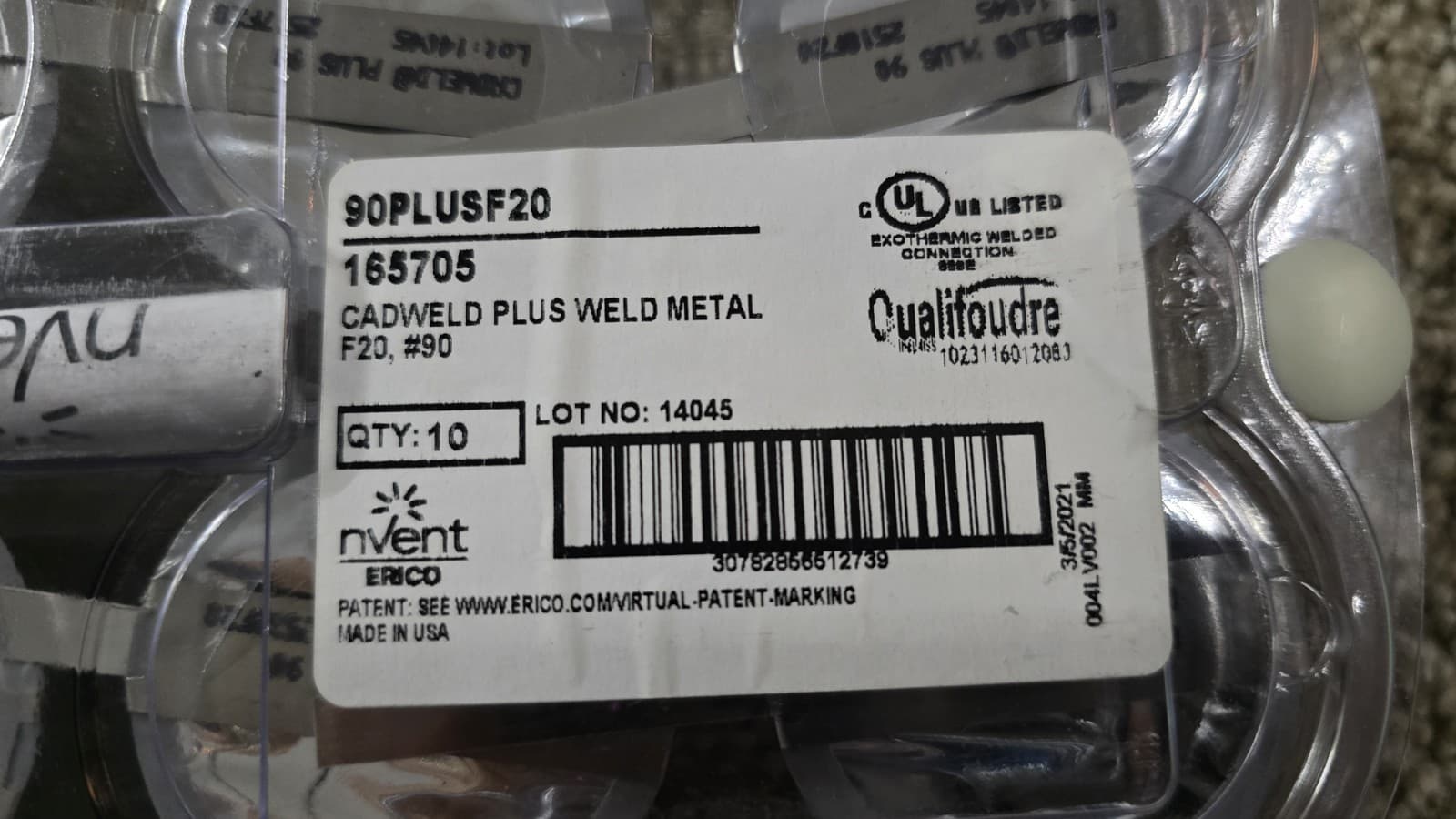 NVENT ERICO CADWELD 90PLUSF20 WELDING MATERIAL F20 #90 FULL SET OF 10 PCS. 2