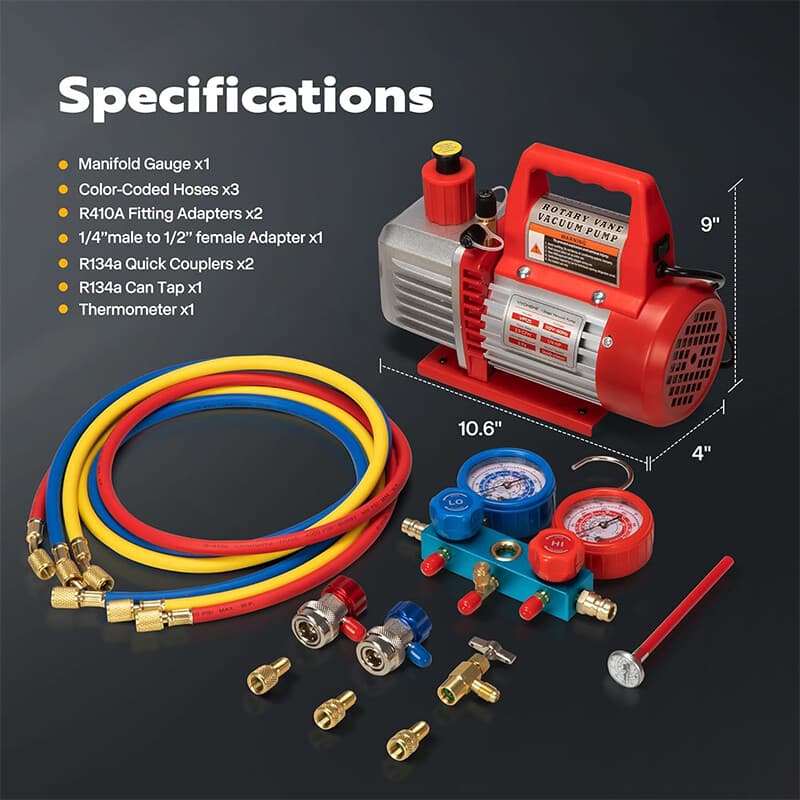 3.5 CFM 1/4 HP Air Vacuum Pump HVAC Manifold Gauge Set AC A/C Refrigeration Kit 2