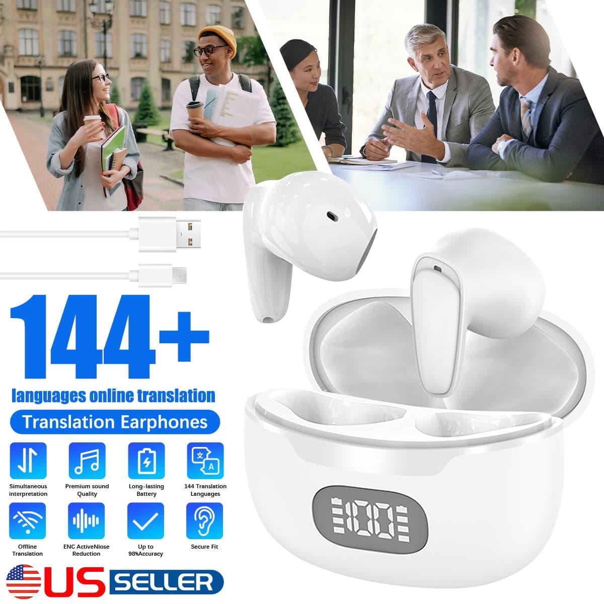 144+ Languages Bluetooth Translator Earbuds Real Time Online/Offline Translation