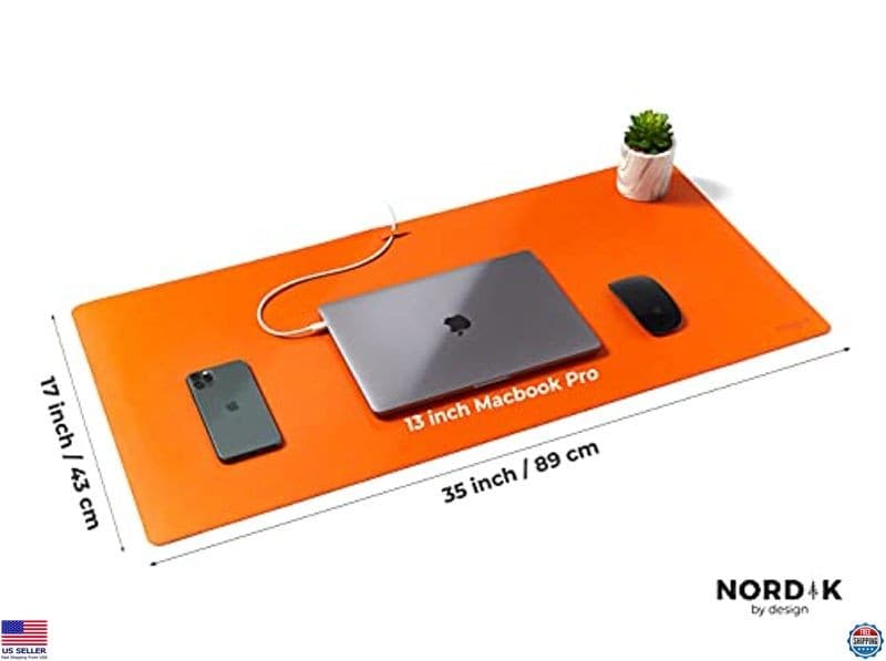 Nordik Tangerine Orange Leather Desk Mat & Cable Organizer - 35"x17" Non-Slip 6