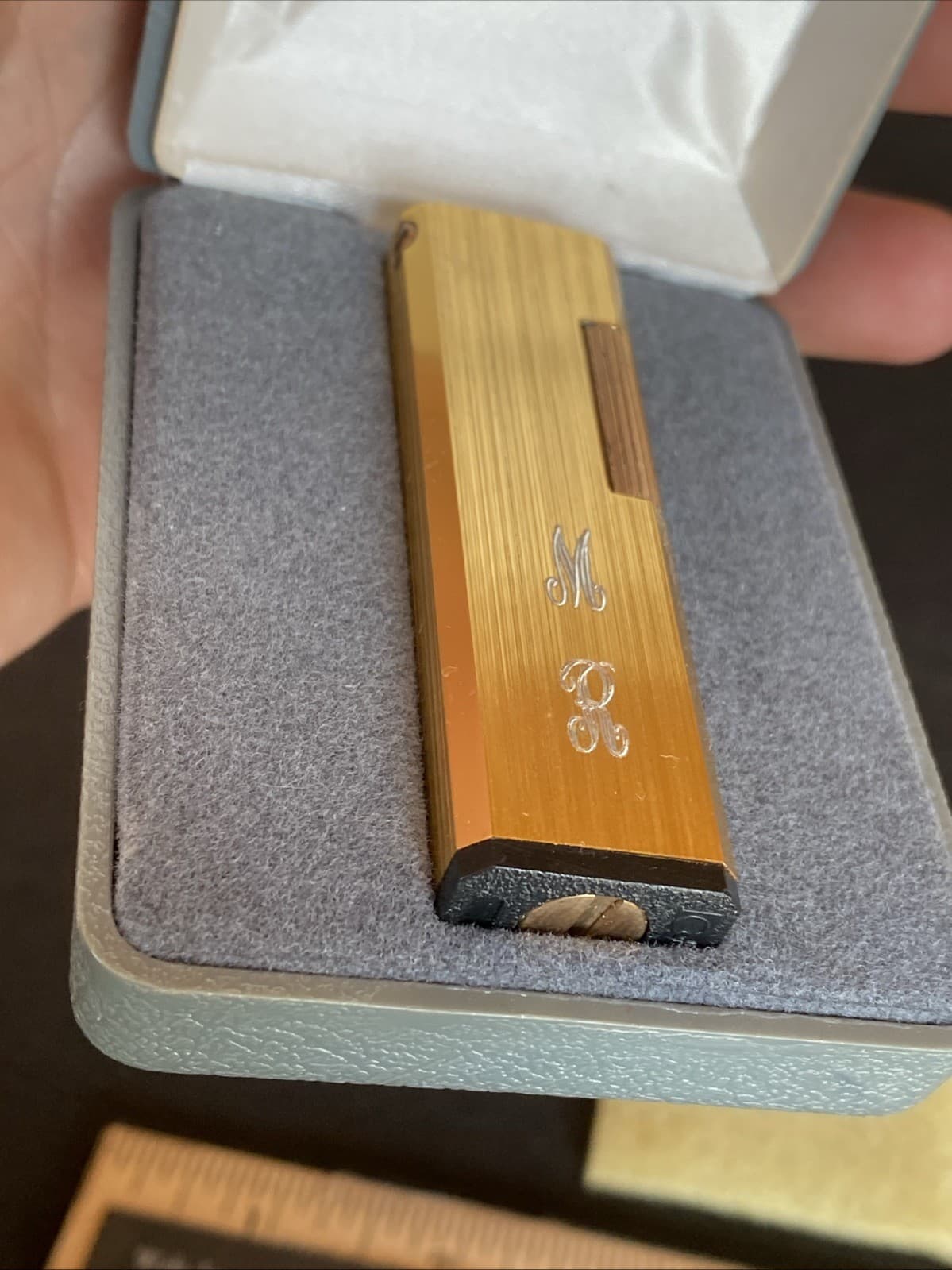 Vtg Colibri Flint Side Roller Wheel Lighter Brushed Good Tone Finish w/ MONOGRAM 6