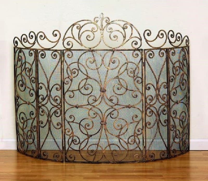Old World Antique Gold Iron Fireplace Fire Screen French Scroll 5 Panel 62"W