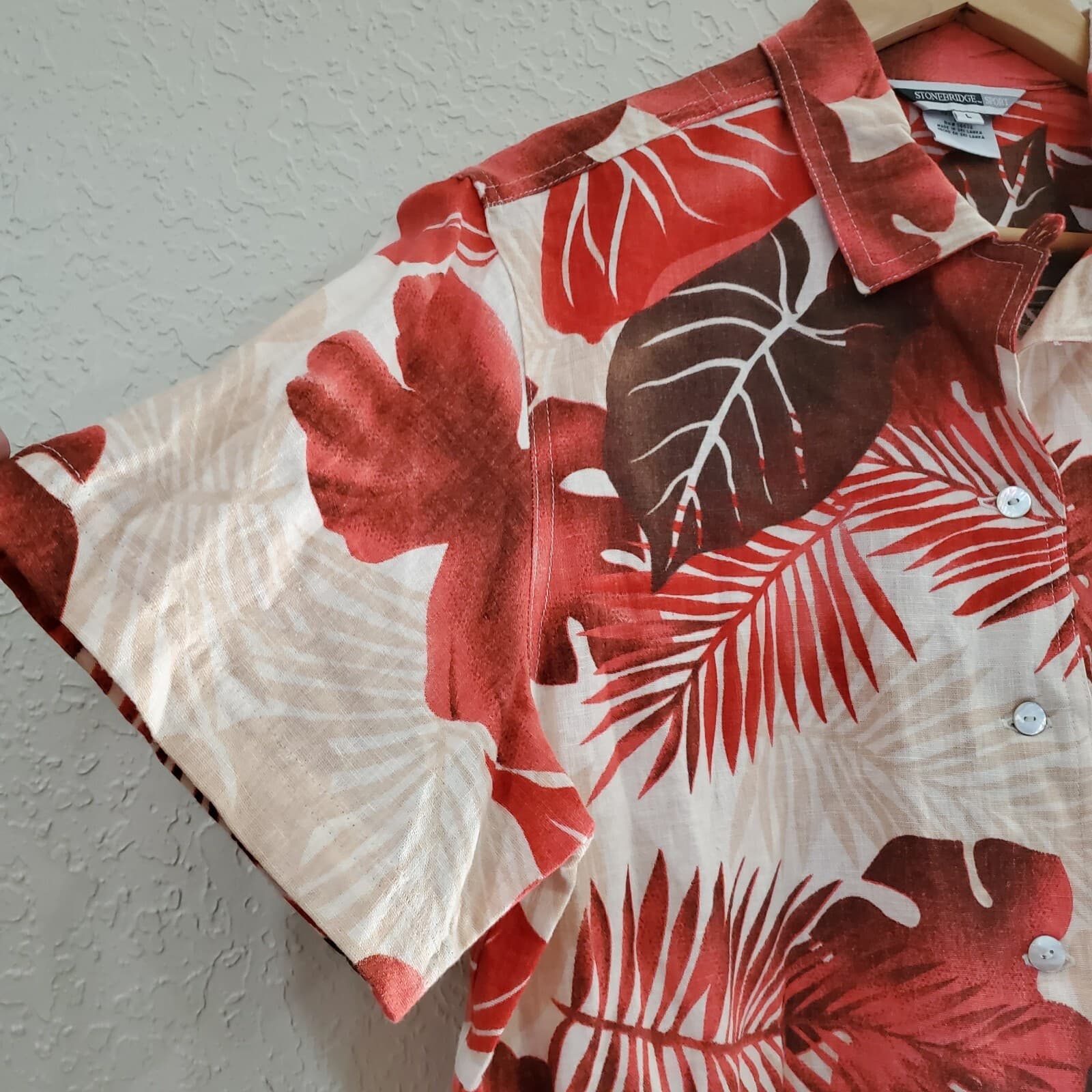 Vintage 90's Stonebridge Linen Blend Red Tropical Button Up Blouse Size Large 3