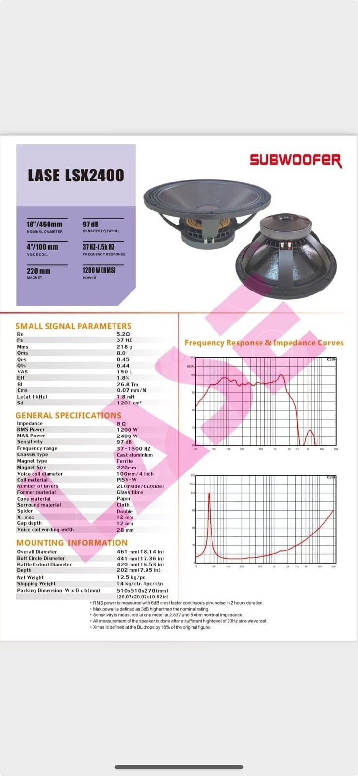 LASE LSX-2400 18" Low Frequency Woofer - Bass Speaker 4" VC 8 Ohm 3