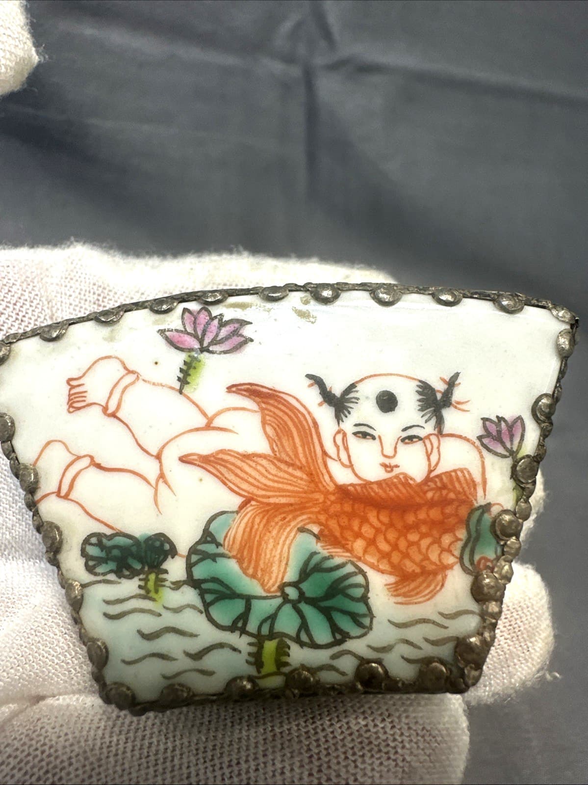 Vintage Cloisonne Enamel Silver Porcelain Chinese Mirror Trinket Boxes lot of 2 3