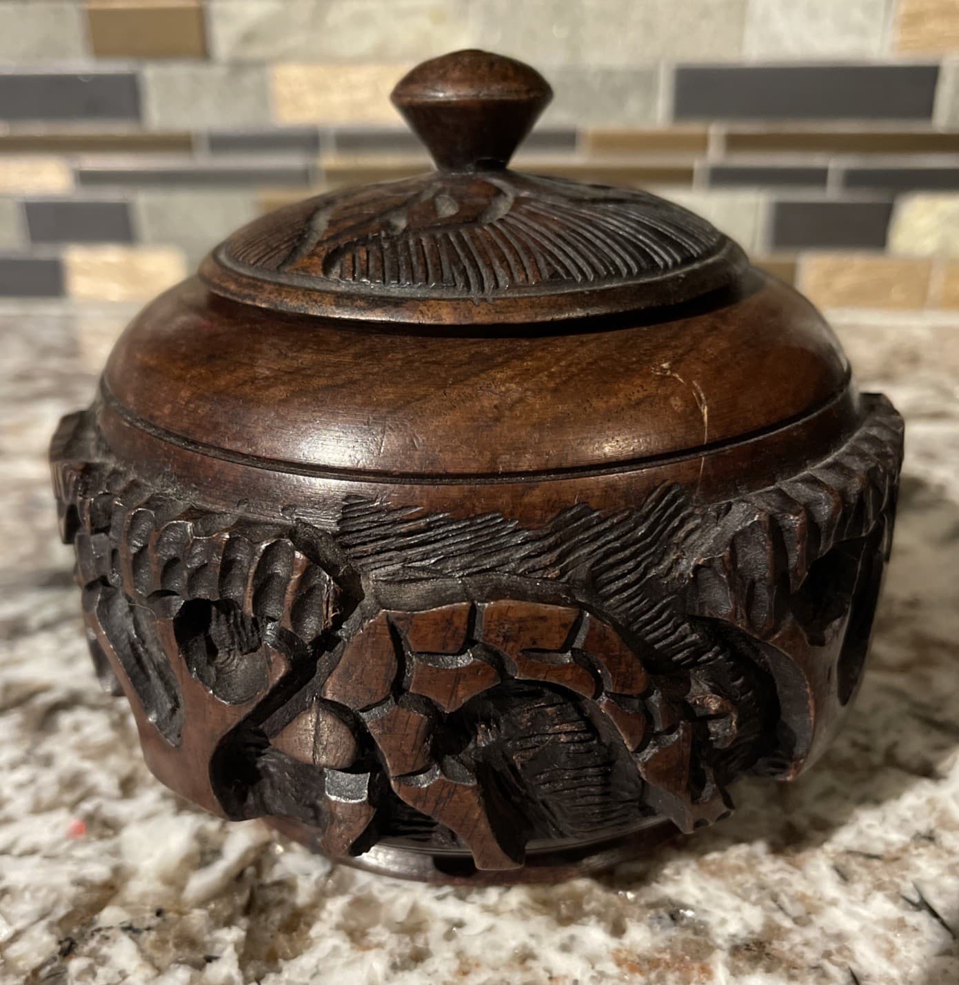 African Carved Brown Wooden Bowl Rhinoceros Elephant Tree Design With Lid! MZZ8 2